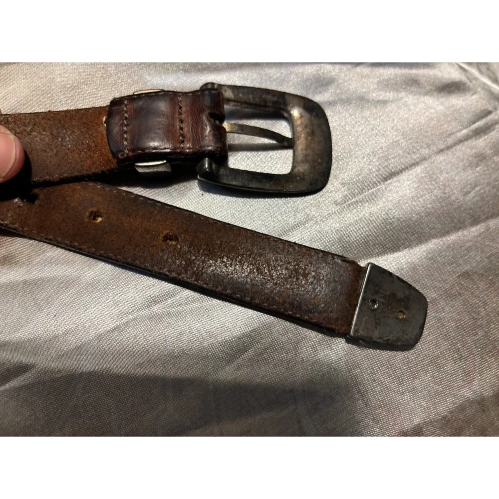 Vintage Brown Leather Western Belt Silver Engraved Buckle Metal Tip 39 Inch
